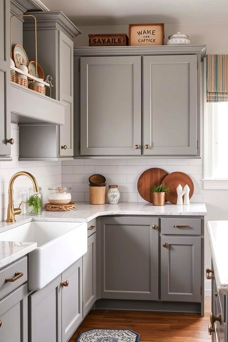 Two Toned Cabinets Gray with Natural Wood - 24 Farmhouse Kitchen With Gray Cabinets Ideas