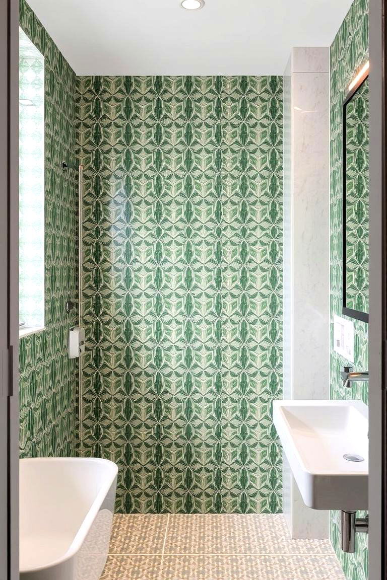 Two Toned Green Patterned Tiles - 24 Green Bathroom Tile Ideas