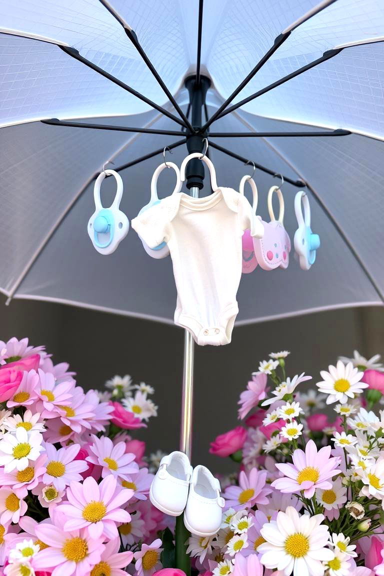 Umbrella with Hanging Decor - 24 Baby Shower Centerpiece Ideas