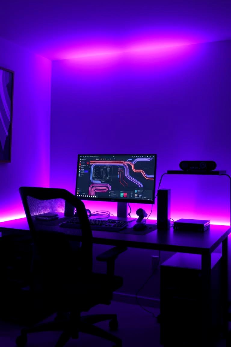 Under Desk Purple LED Strips - 24 Purple Gaming Setup Ideas