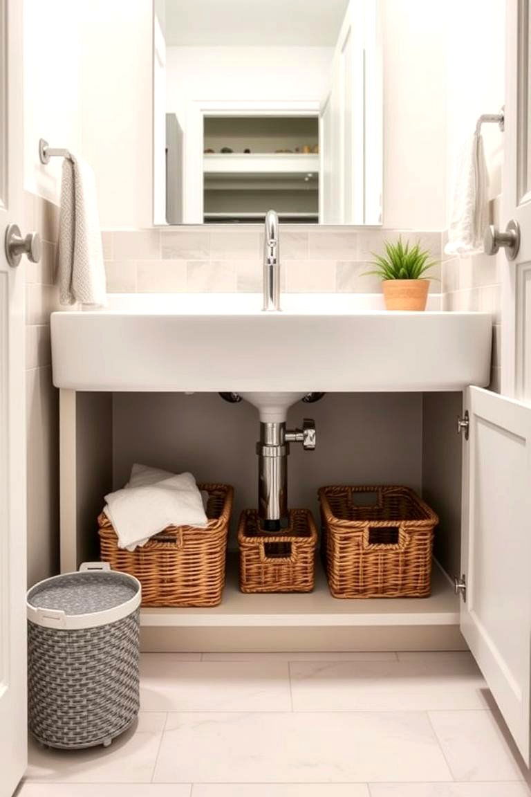 Under Sink Organizers with Baskets - 24 Pedestal Sink Storage Ideas