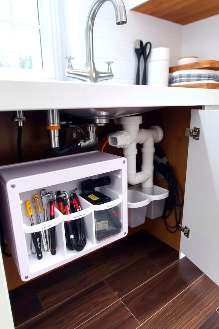 Under Sink Plumbing Organizer with Compartments - 24 Kitchen Sink Organization Ideas