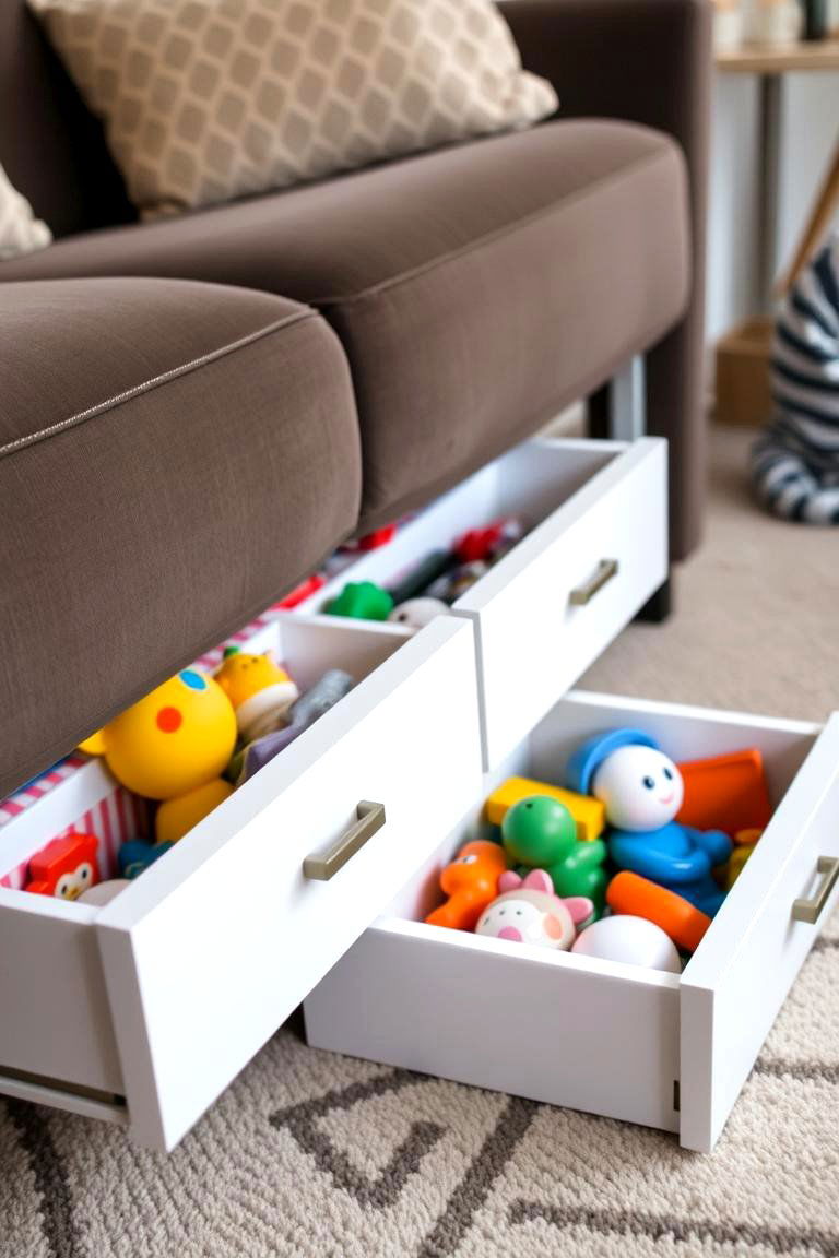 Under Sofa Drawers - 24 Living Room Toy Storage Ideas