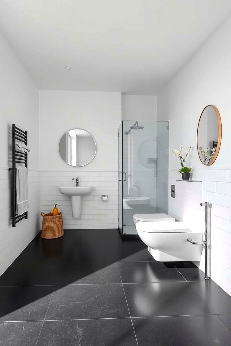 Understated Minimalist Design - 24 Black Floor Bathroom With White Walls Ideas