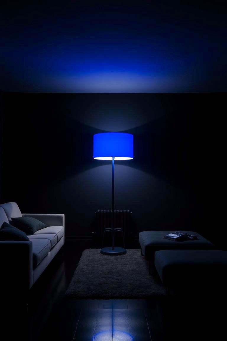 Unique Blue Floor Lamps in a Black Setting - 24 Black and Blue Living Room Ideas