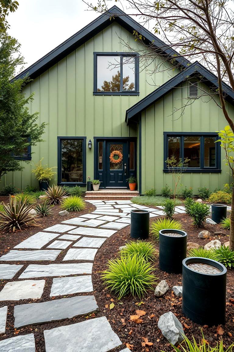 Unique Landscaping Integration - 24 Green House Exterior With Black Trim