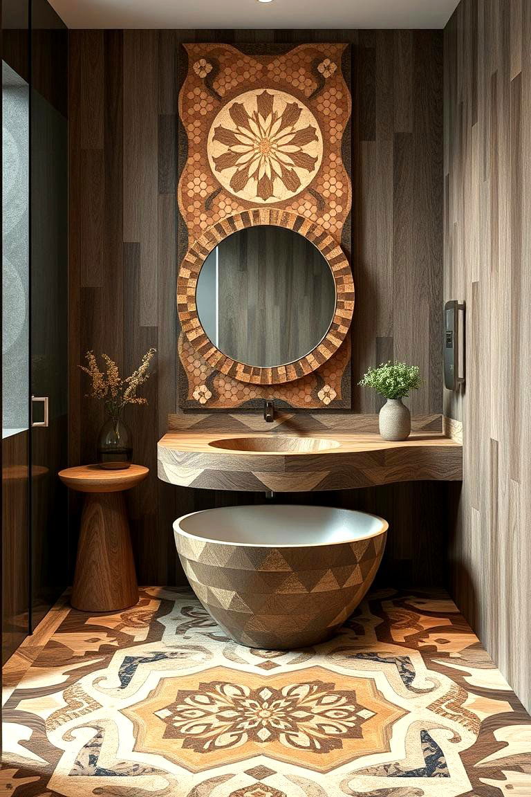 Unique Mosaic Wood Inlay Designs - 24 Ideas for Wood Floors in Bathrooms