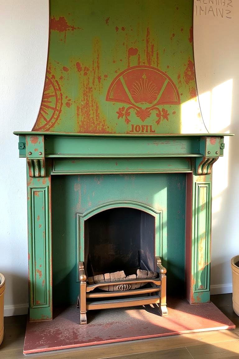 Upcycled Metal Fireplace with Green Patina - 24 Green Fireplace Ideas