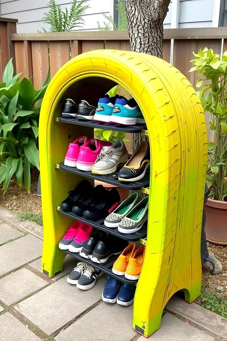 Upcycled Tire Shoe Rack - 24 Outdoor Shoe Storage Ideas