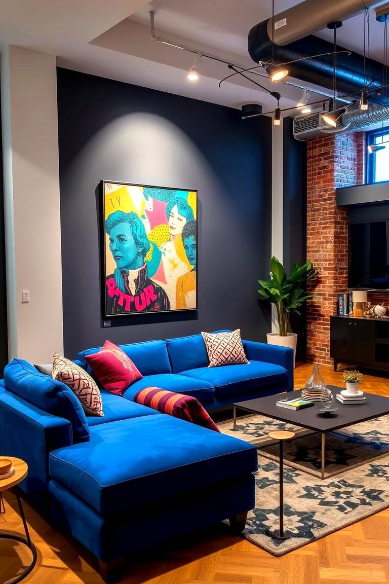 Urban Blue Couch with Bold Wall Art - 24 Blue Couch Living Room Ideas