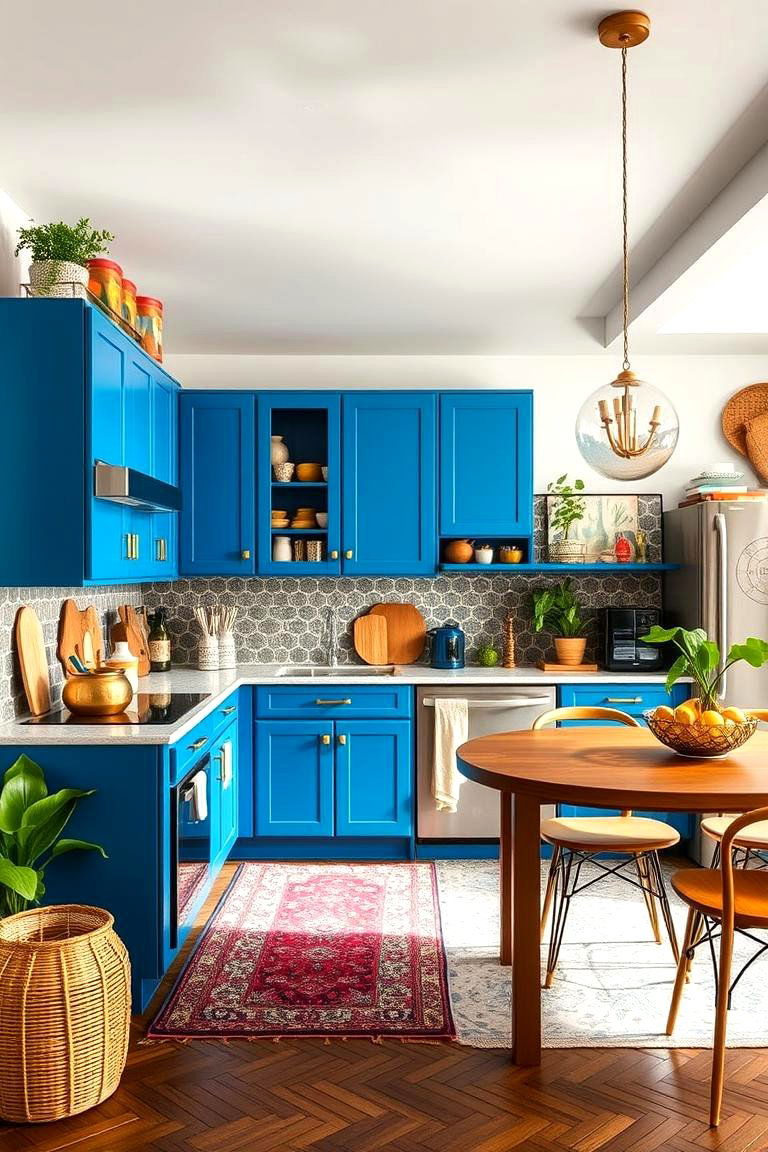 Urban Bohemian Vibes - 24 blue kitchen cabinets with gold hardware