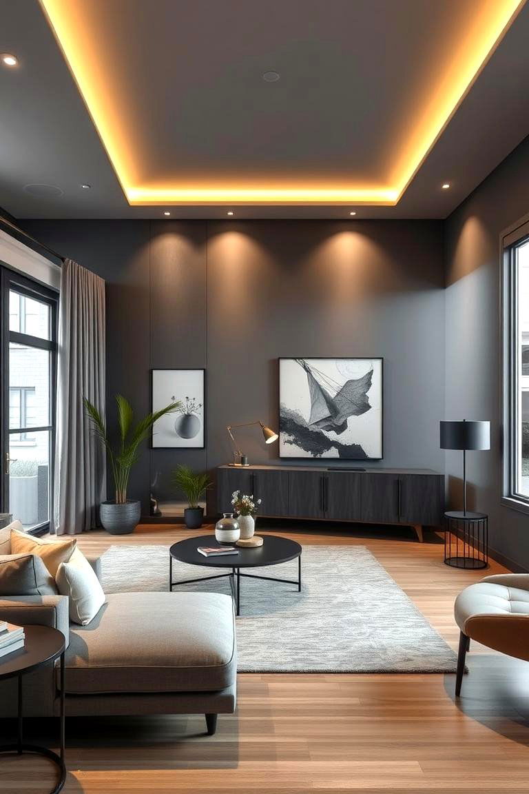 Urban Chic Grey Walls and Soft Yellow Lighting - 24 Grey and Yellow Living Room Ideas