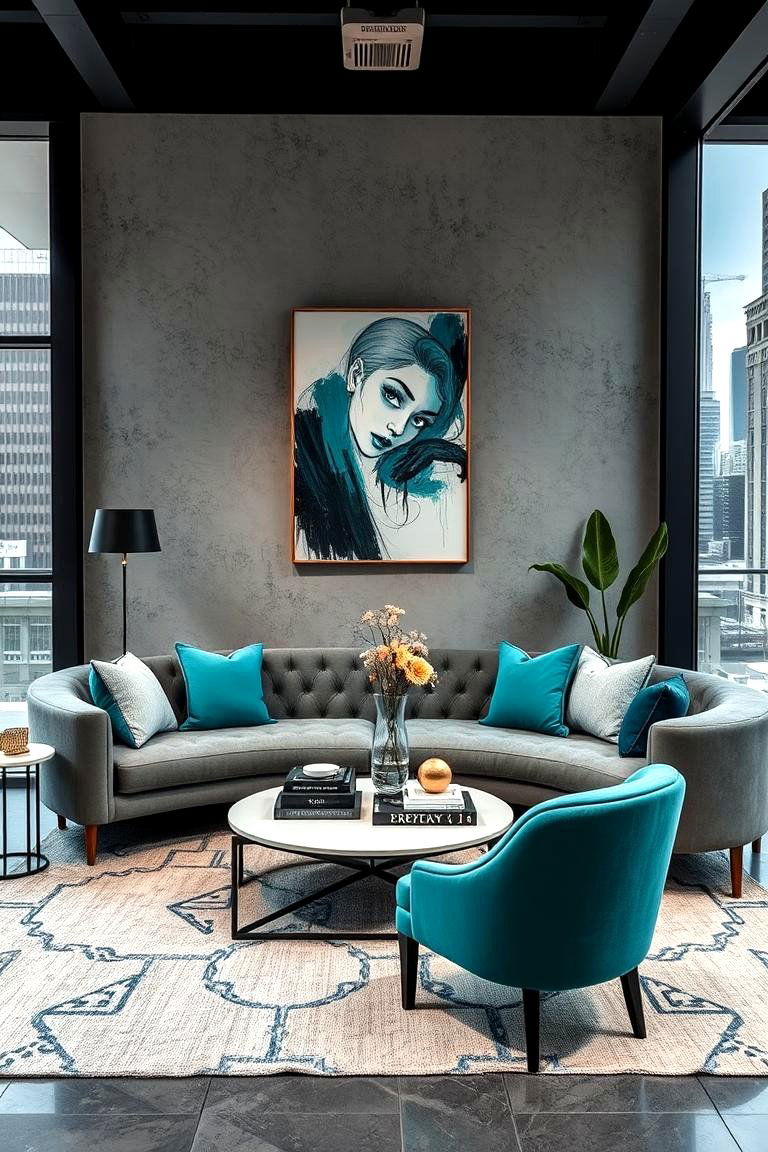 Urban Chic with Teal Touches - 24 Teal and Grey Living Room Ideas