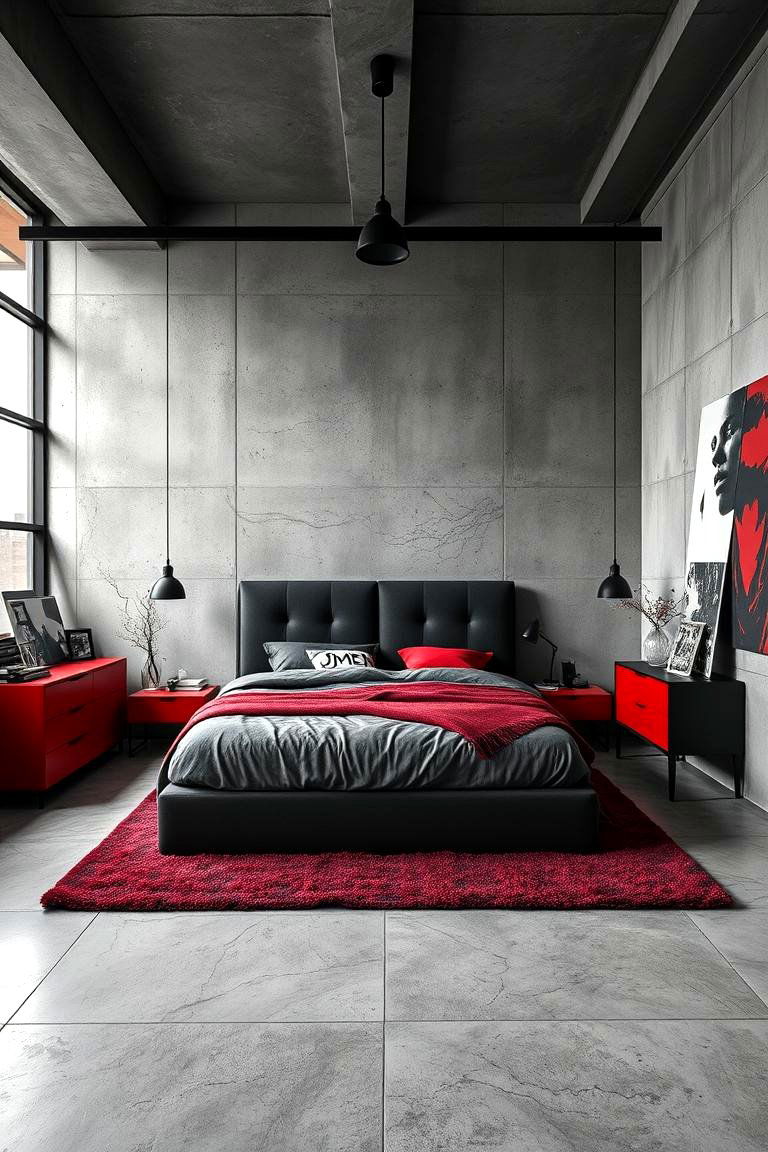 Urban Concrete with Red and Black - 24 Red and Black Bedroom Ideas