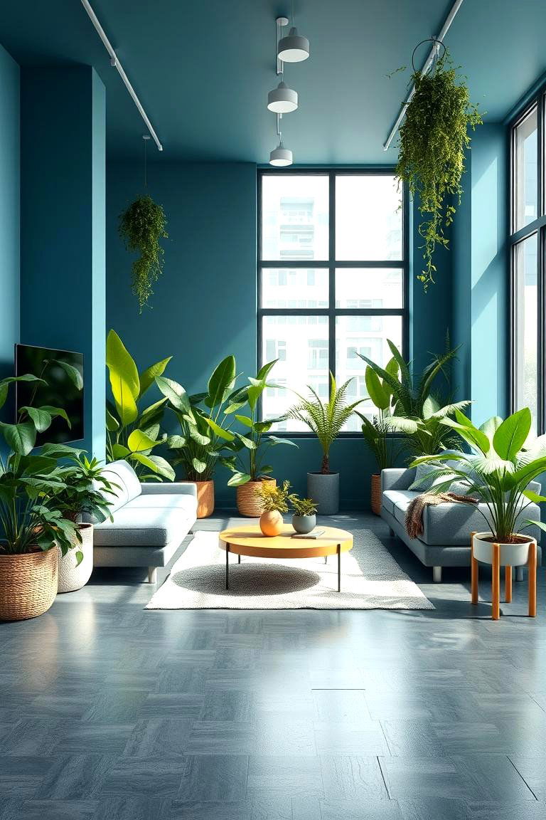 Urban Green Oasis - 24 grey floor living room with blue walls ideas
