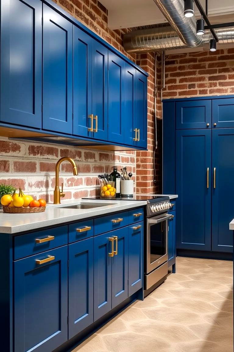 Urban Industrial Fusion - 24 blue kitchen cabinets with gold hardware