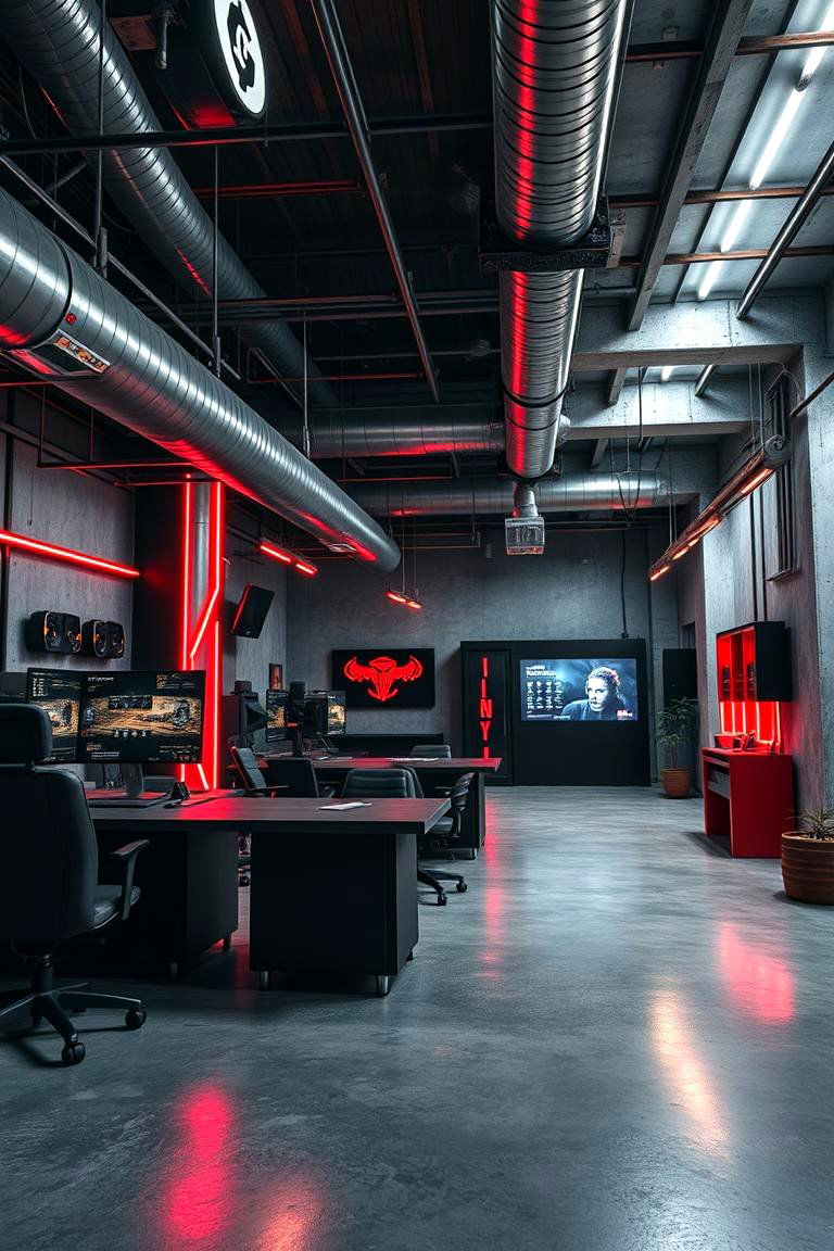 Urban Industrial Gaming Hub - 24 Red and Black Gaming Setup Ideas
