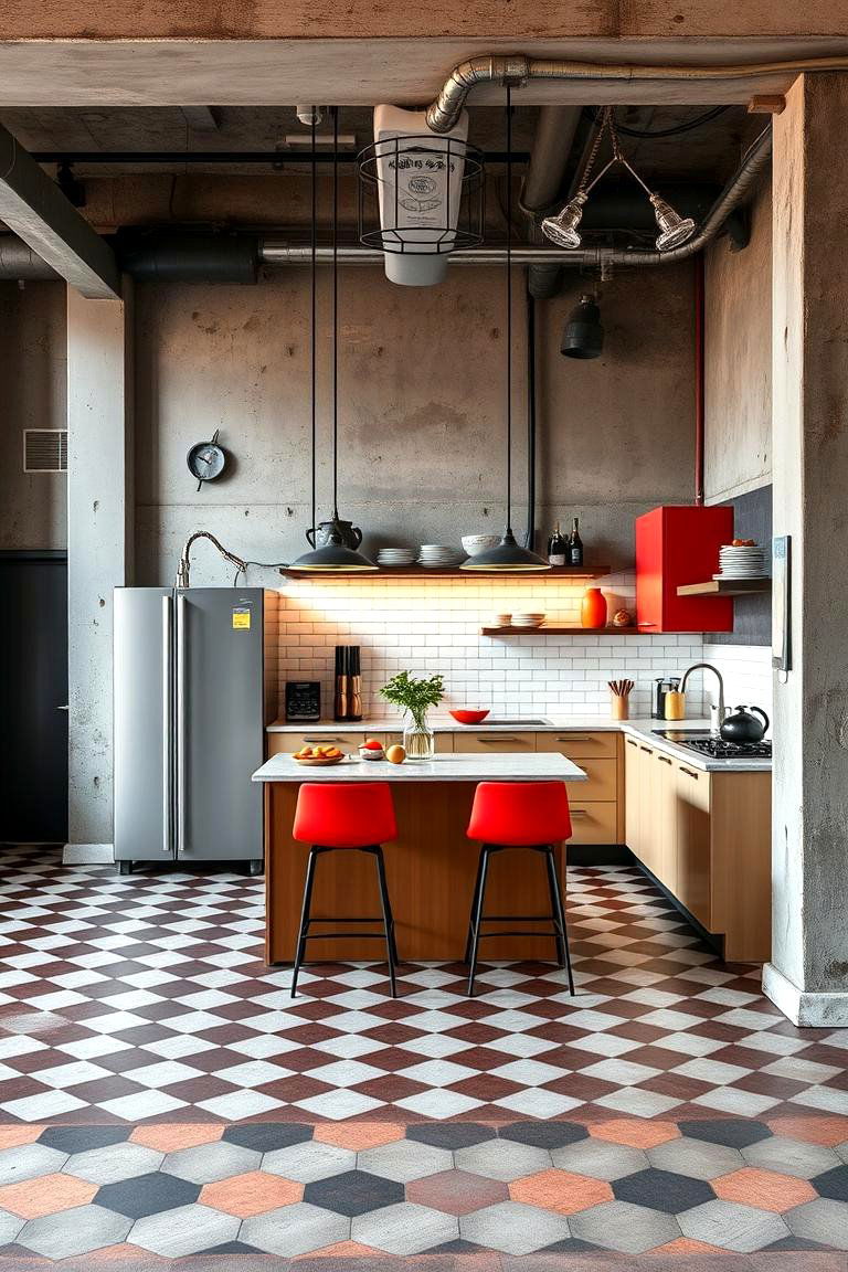 Urban Loft with Industrial Checkered Detail - 24 Kitchens With Checkered Floors