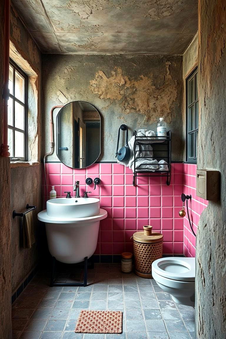 Urban Pink Industrial - 24 Pink Tile Bathroom Ideas