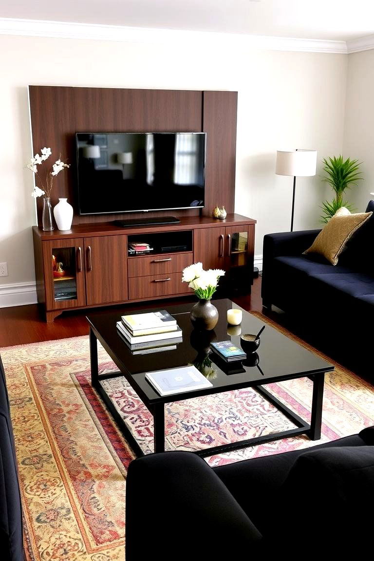 Use Dark Wood Furniture for a Sophisticated Vibe - 24 Living Room Ideas With Black Couches