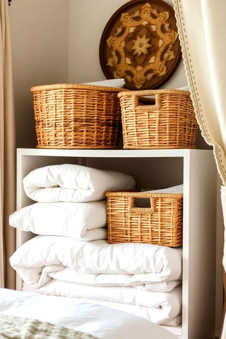 Use Decorative Baskets for Open Storage - 24 Bedding Storage Ideas