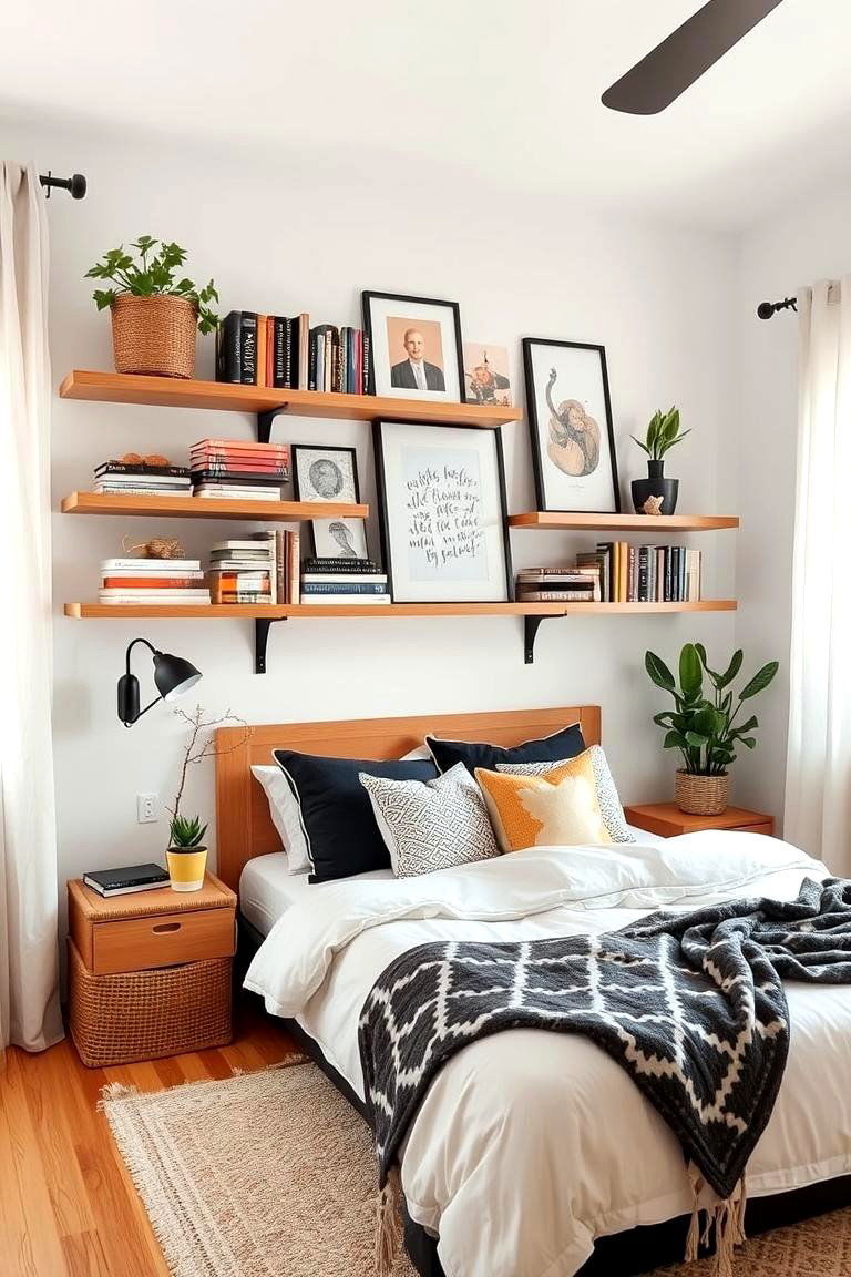 Use Floating Shelves for a Clutter Free Look - 24 Small Boho Bedroom Ideas