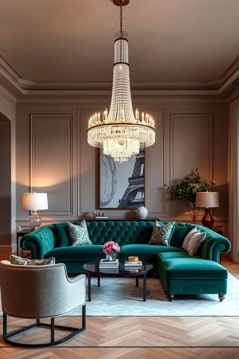Use Light Fixtures to Highlight the Sofa - 24 Emerald Green Sofa Living Room Ideas
