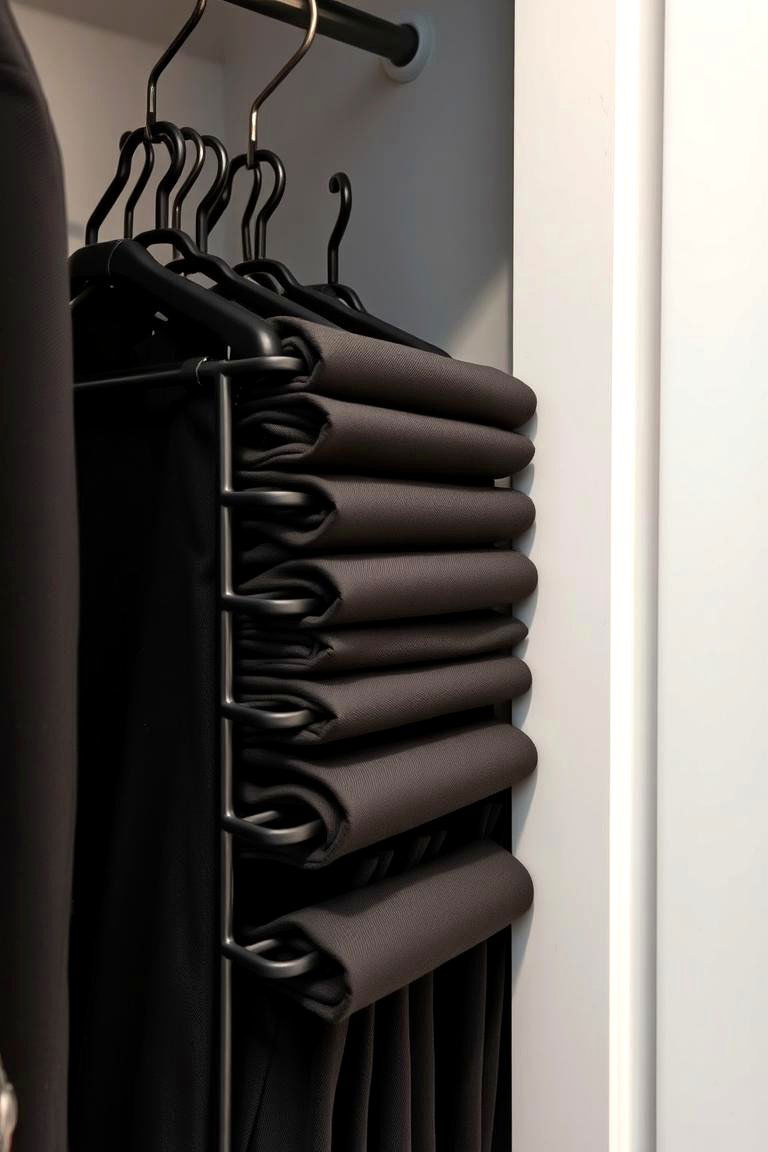 Use Multi Tiered Skirt and Trouser Hangers - 24 Small Dressing Room Ideas