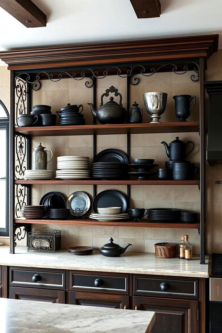 Use Open Shelving with Dark Accents - 24 Gothic Kitchen Ideas