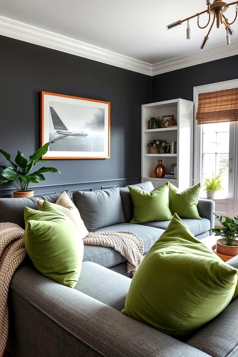 Use Sage Green Accessories to Brighten a Dark Grey Room - 24 Grey and Sage Green Living Room Ideas