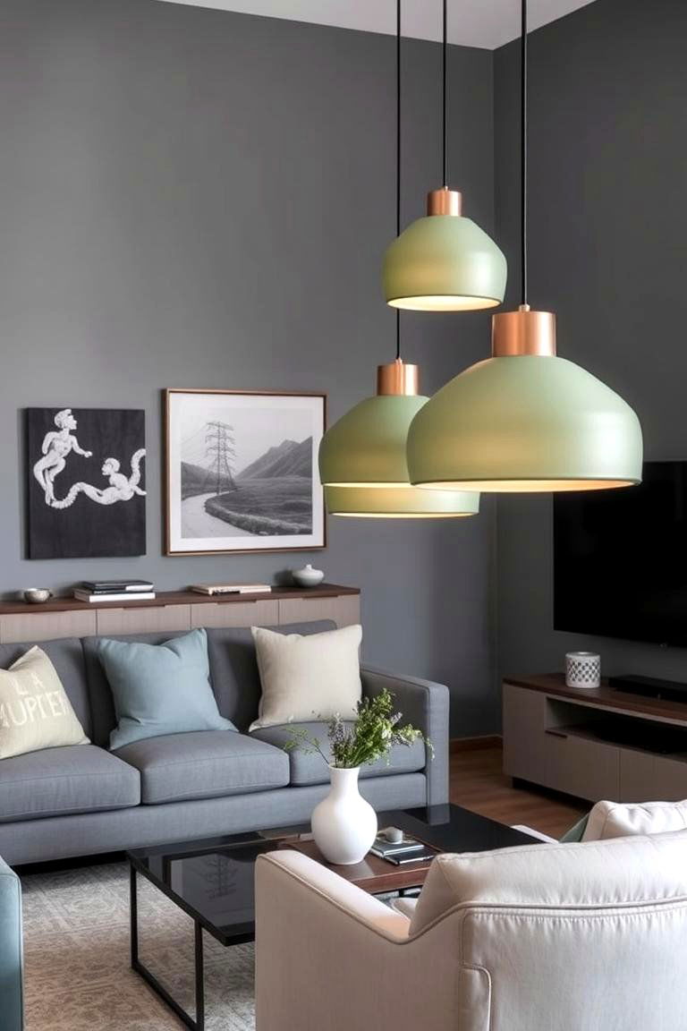 Use Sage Green Lighting Fixtures in a Grey Room - 24 Grey and Sage Green Living Room Ideas