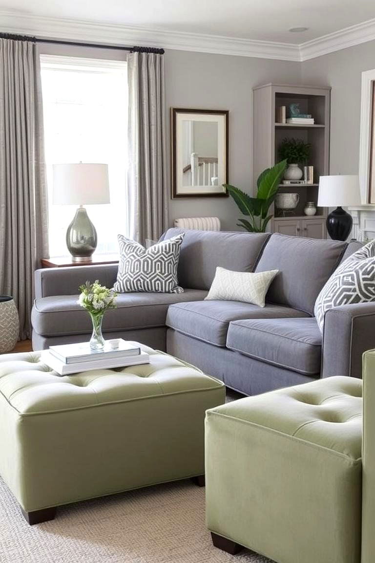 Use Sage Green Ottomans or Poufs in a Grey Seating Area - 24 Grey and Sage Green Living Room Ideas