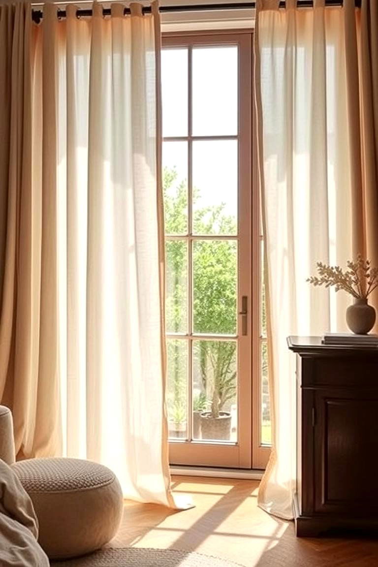 Use Soft Flowing Drapes - 24 Earthy Living Room Decor Ideas