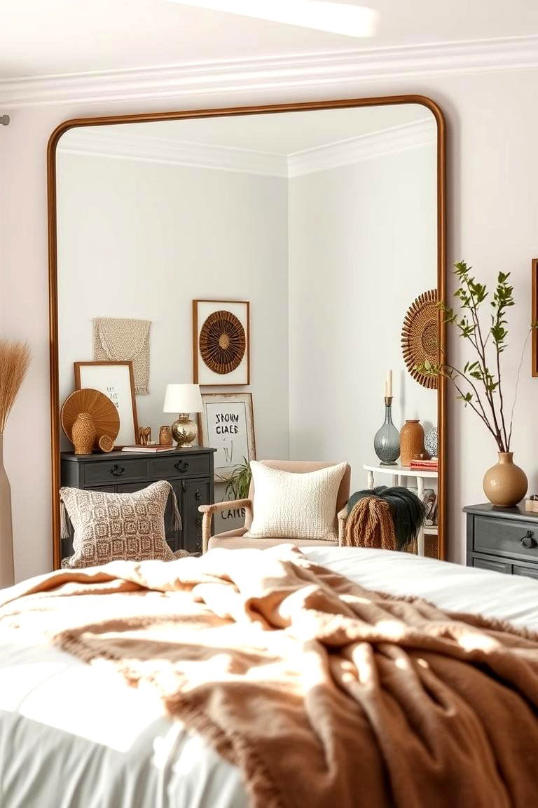 Use Statement Mirrors to Amplify Space - 24 Small Boho Bedroom Ideas