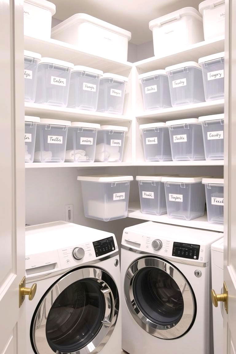 Use Uniform Storage Containers - 24 White Laundry Room Ideas