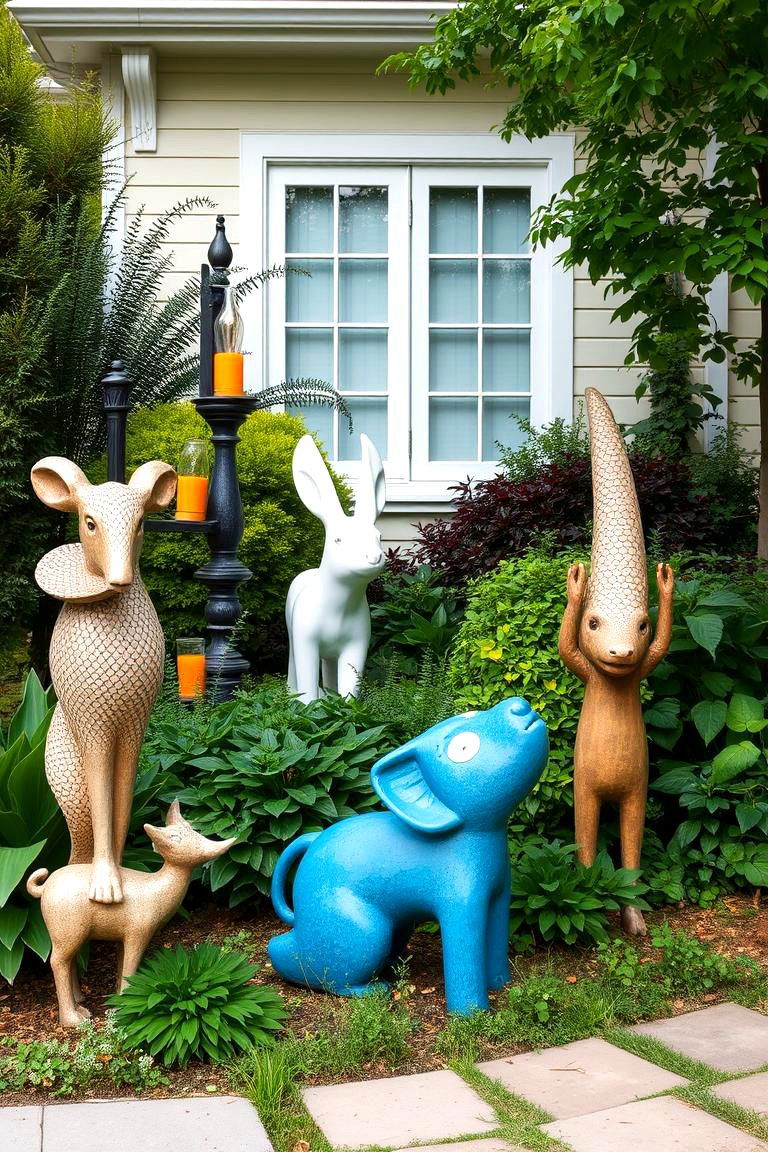 Use Unique Sculptures - 24 Front Yard Landscaping Ideas