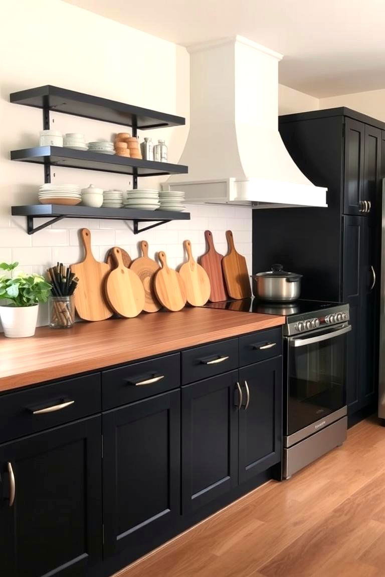 Use Wood Cutting Boards as Decor - 24 Kitchen With Black Cabinets And Wood Countertops Ideas
