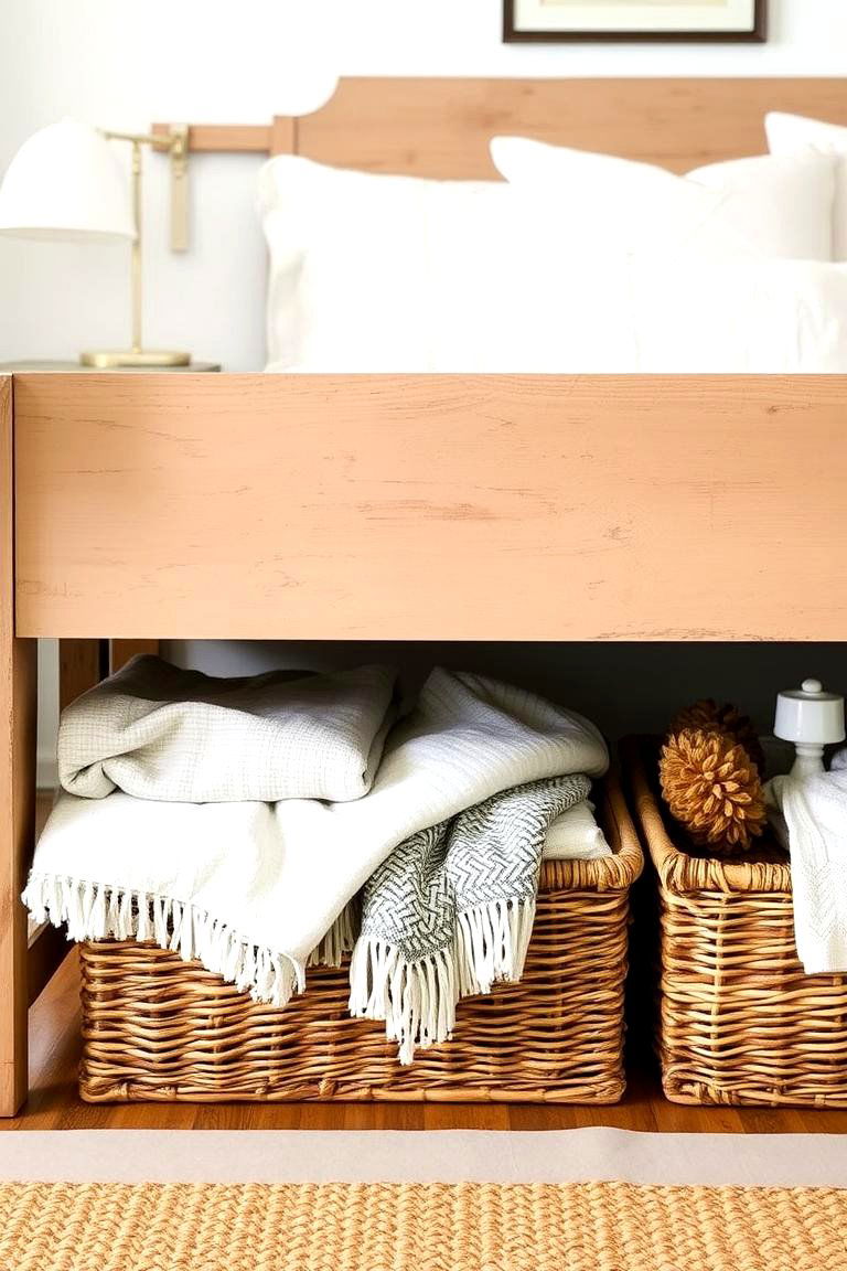 Use Woven Baskets for Practical Storage - 24 Farmhouse Bedroom Ideas