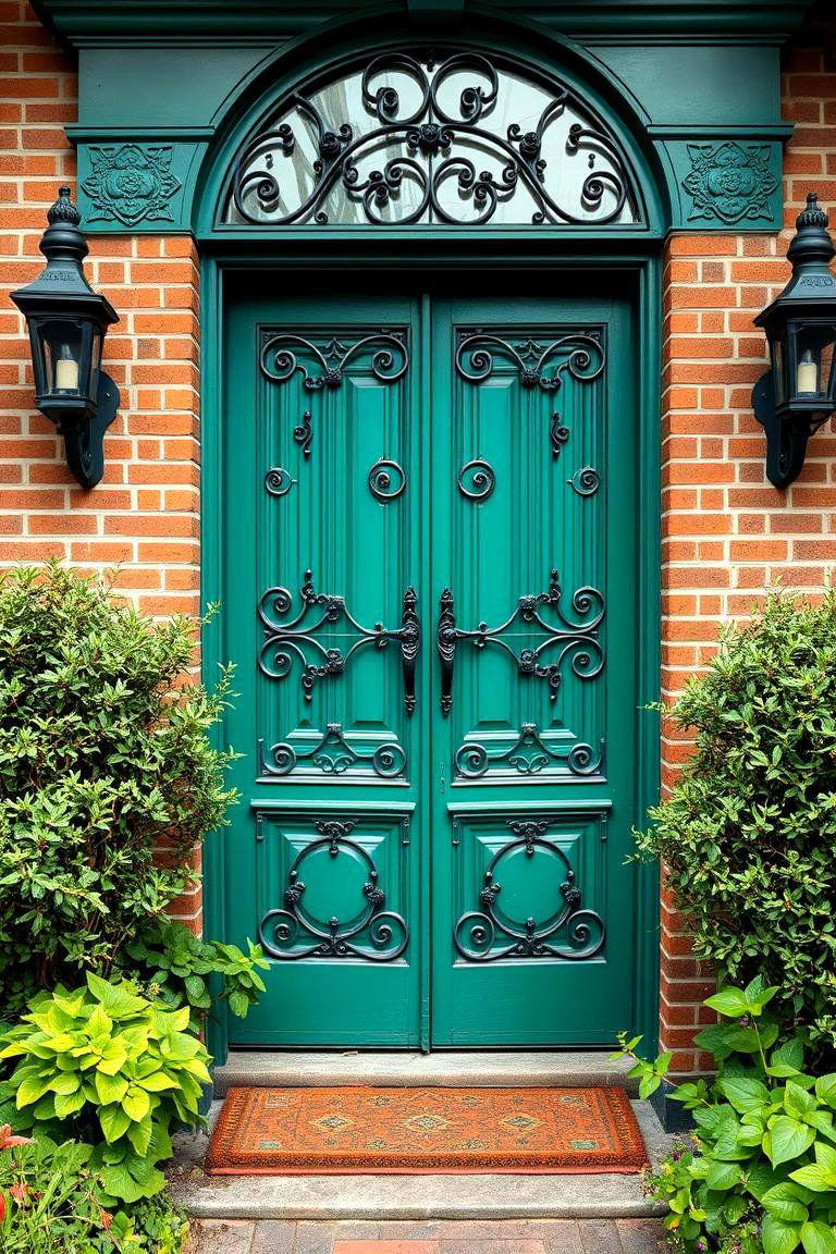 Use Wrought Iron Details for a Historic Look - 24 Emerald Green Front Door Ideas