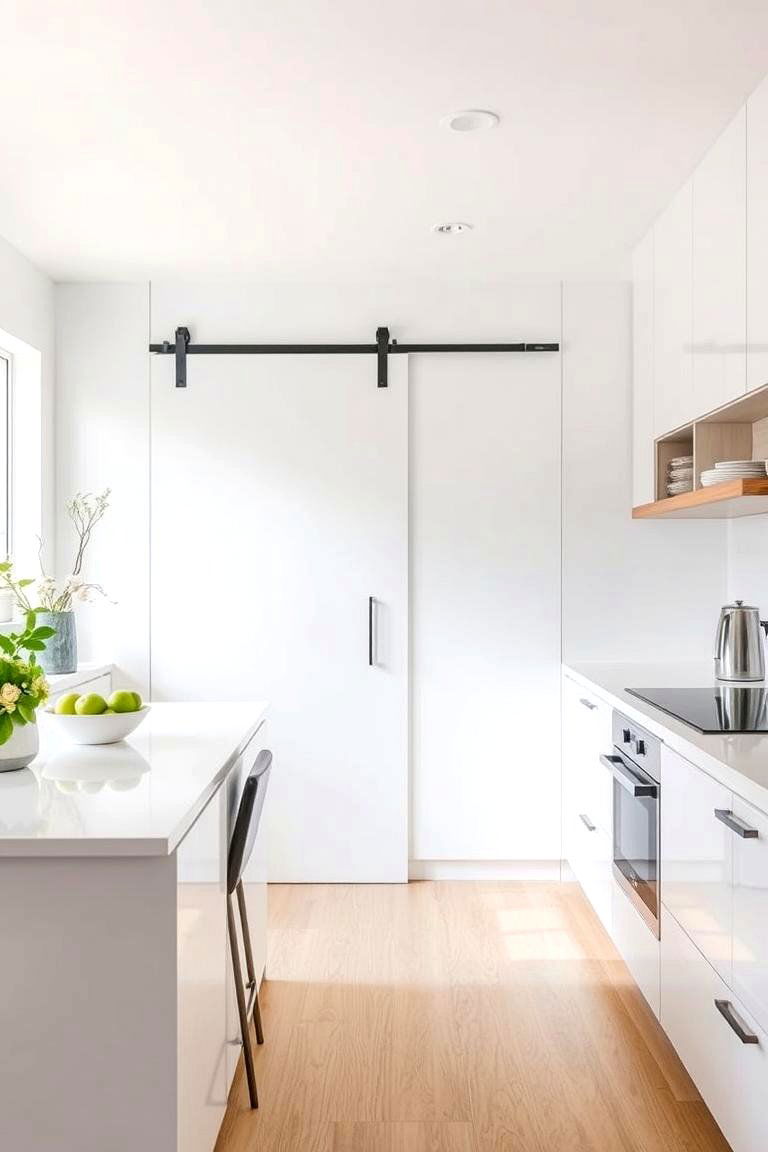 Use a Sliding Door for a Space Saving Solution - 24 Small White Kitchen Ideas