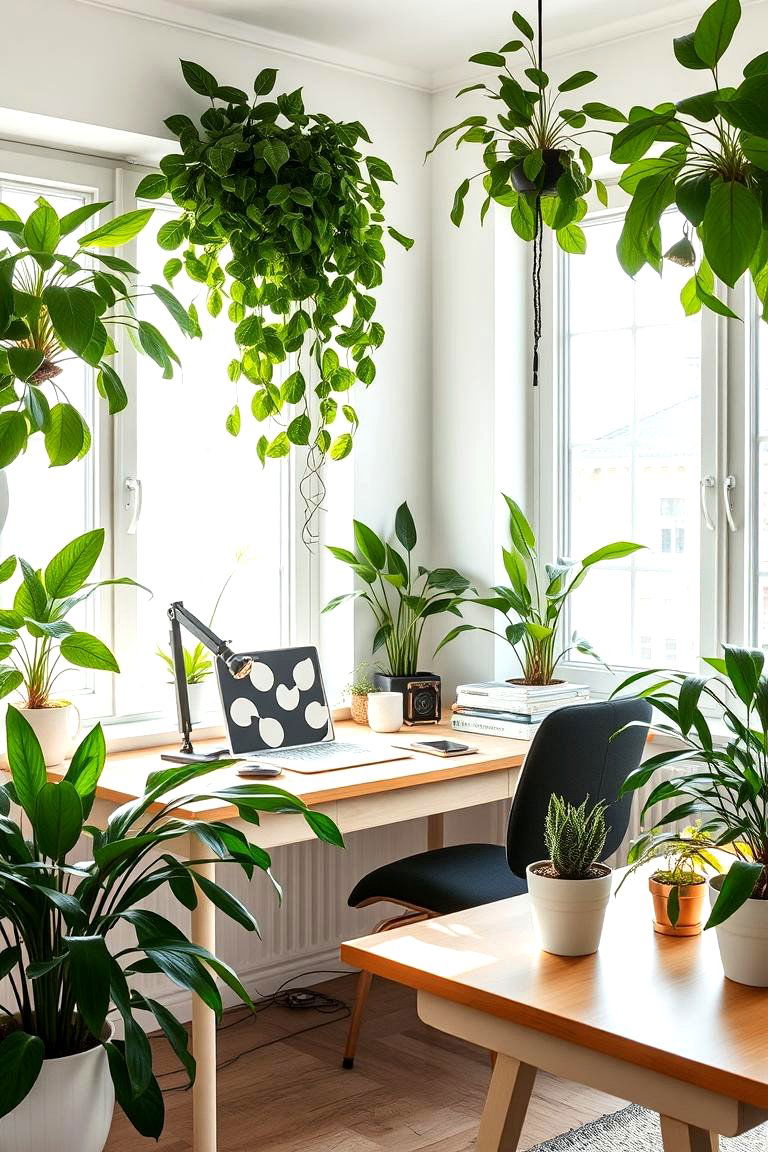 Use of Indoor Plants for Freshness - 24 Small Home Office Ideas