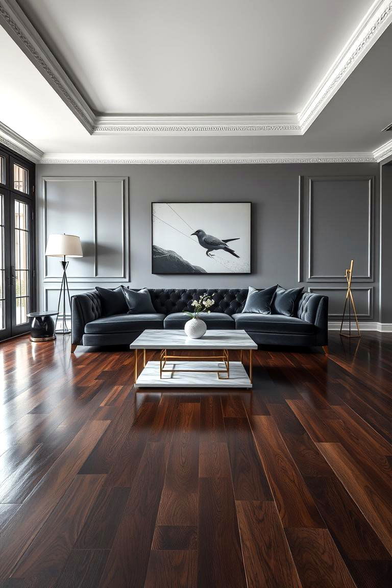 Using Mirrors to Enhance Light and Space - 24 Grey Living Room With Dark Wood Floors
