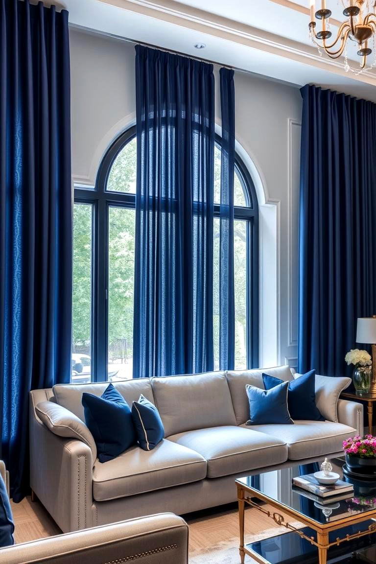 Using Navy Blue Curtains for Elegance - 24 Navy Blue and Grey Living Room Ideas