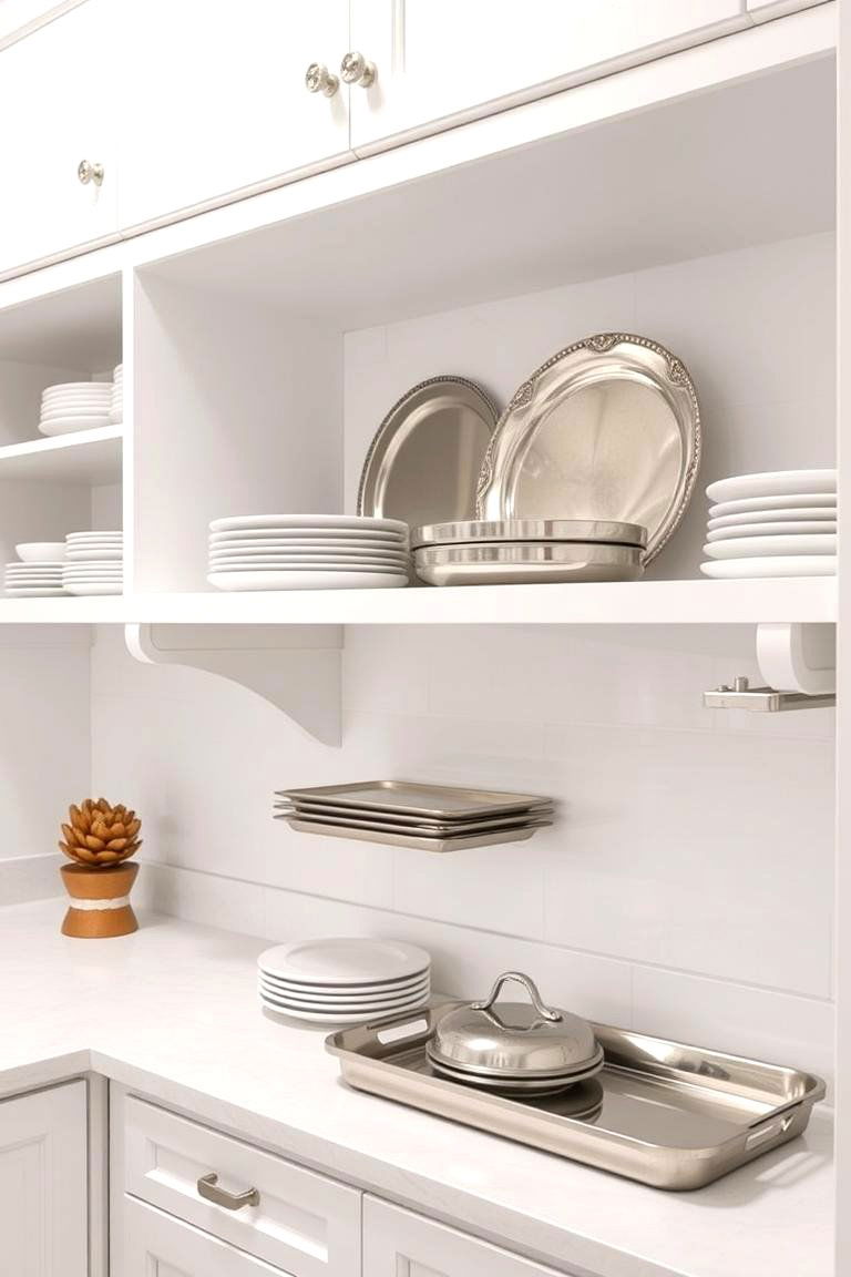 Using Stainless Steel Trays and Serving Dishes as Decor - 24 White Kitchen with Stainless Steel Appliances Ideas