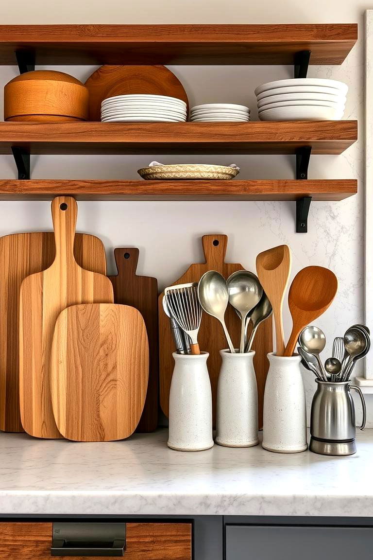 Utensil Harmony Storing Cutting Boards and Utensils - 24 Open Shelving Kitchen Ideas