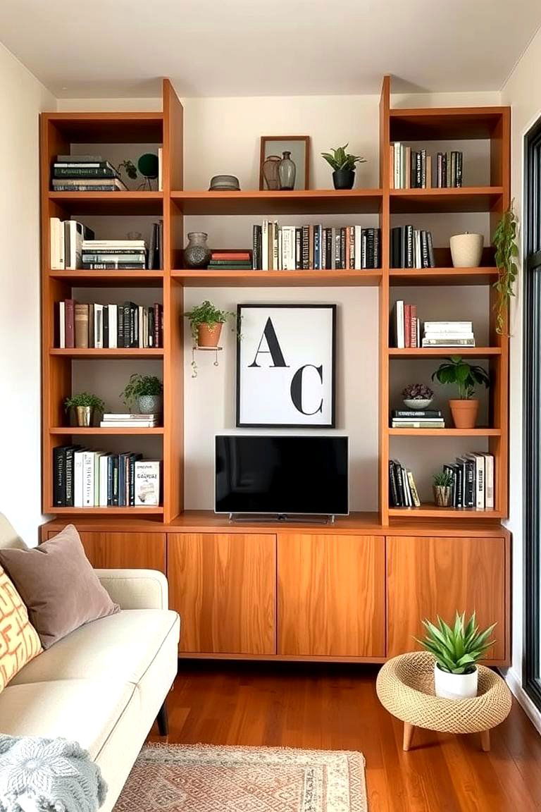 Utilize Open Shelving for Display and Storage - 24 Small Living Room Ideas