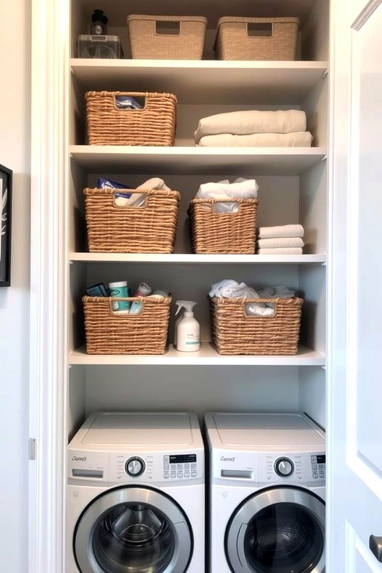 Utilize Storage Baskets on Shelves - 24 Laundry Room Decor Ideas