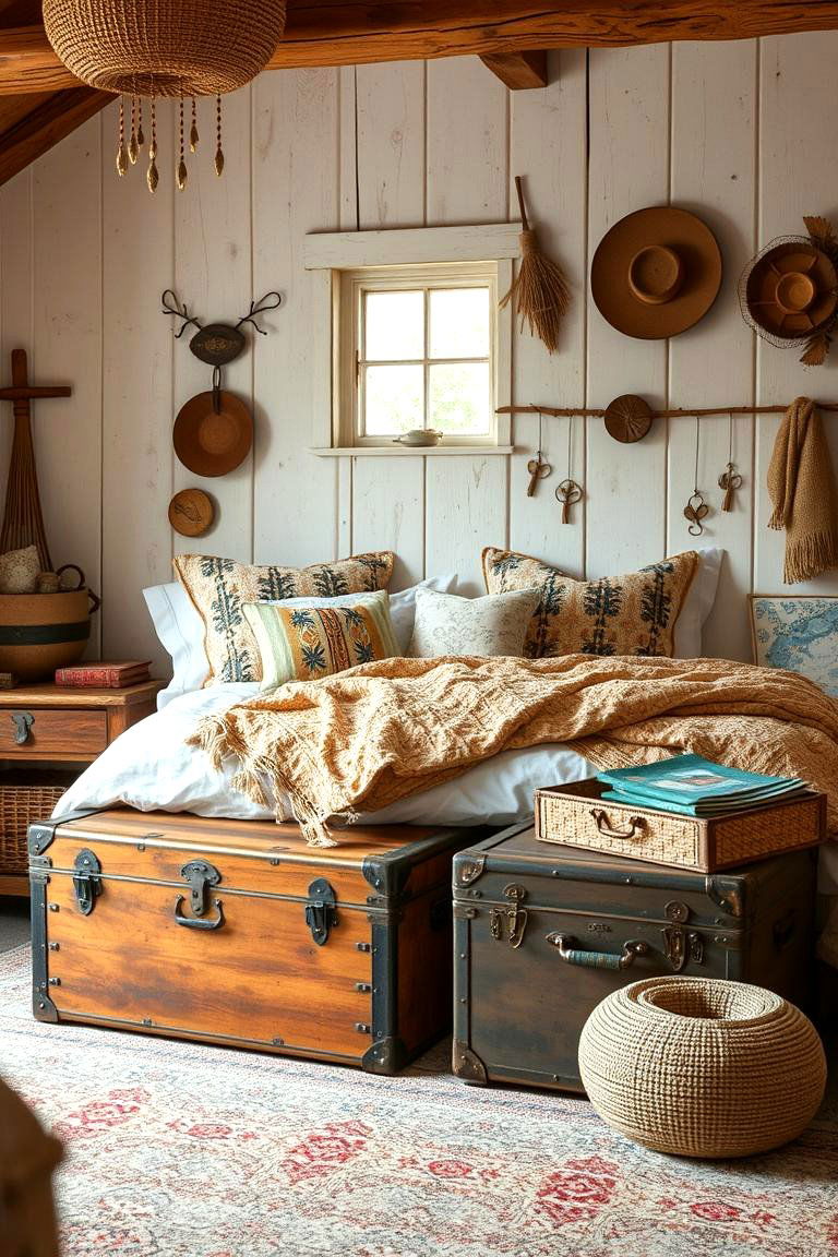 Utilize Vintage Trunks as Storage - 24 Small Boho Bedroom Ideas