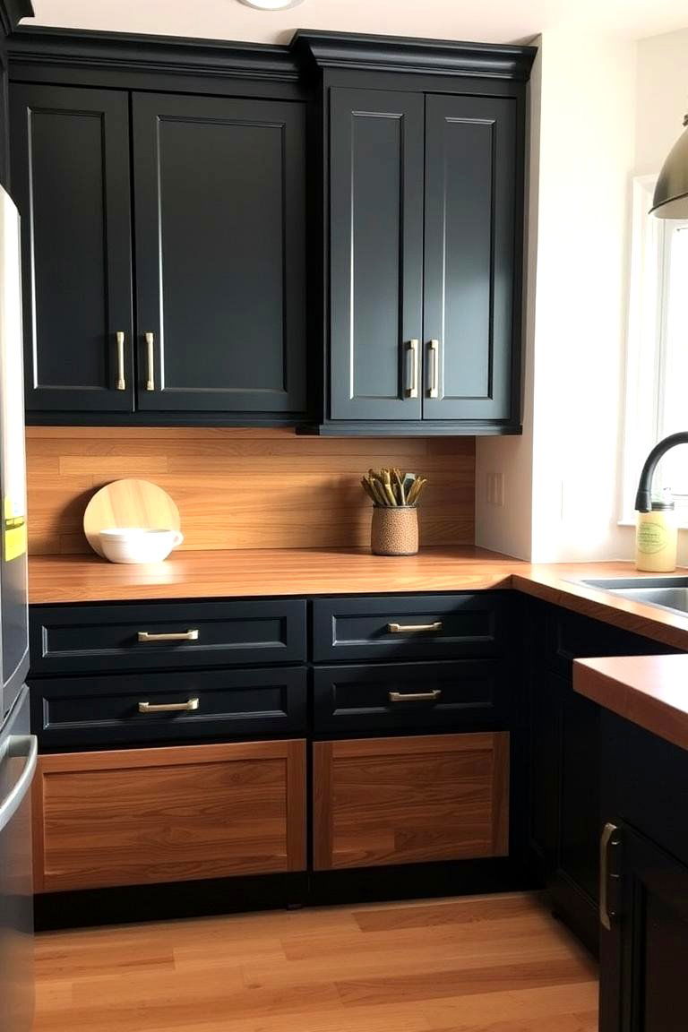 Utilize Wood for Drawer Fronts - 24 Kitchen With Black Cabinets And Wood Countertops Ideas