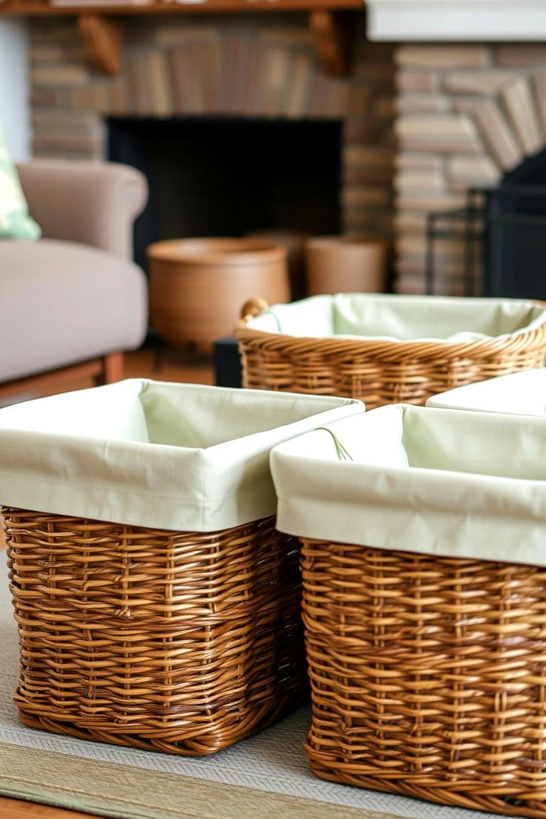 Utilize Woven Baskets for Storage with Hints of Sage Green - 24 Rustic Sage Green Living Room Ideas